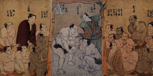 Combat du yokozuna Tanikaze contre Onogawa, estampe de Katsukawa Shunkō I