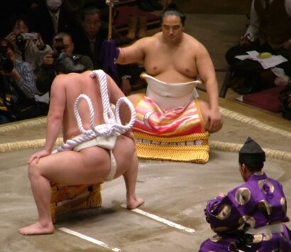 Vue sur le nœud Shiranui à double ganse de la tsuna de yokozuna d'Hakuhô